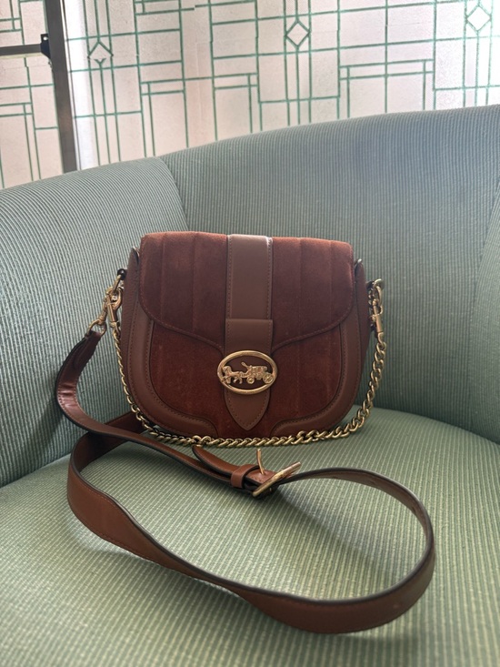 Coach Handbags - Coach Suede Leather Saddle Bag Brown Chain Strap Crossbody Vintage Style